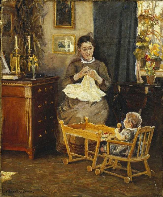 Interior with a mother doing needlework (the wife of the artist) od Viggo Pedersen