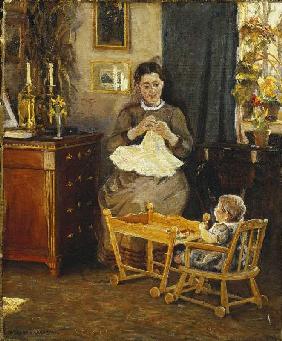 Interior with a mother doing needlework (the wife of the artist)