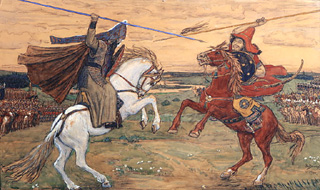 Peresvet und Tschelubey kämpfen auf dem Kulikov-Schlachtfeld 1380 od Viktor Michailowitsch Wasnezow