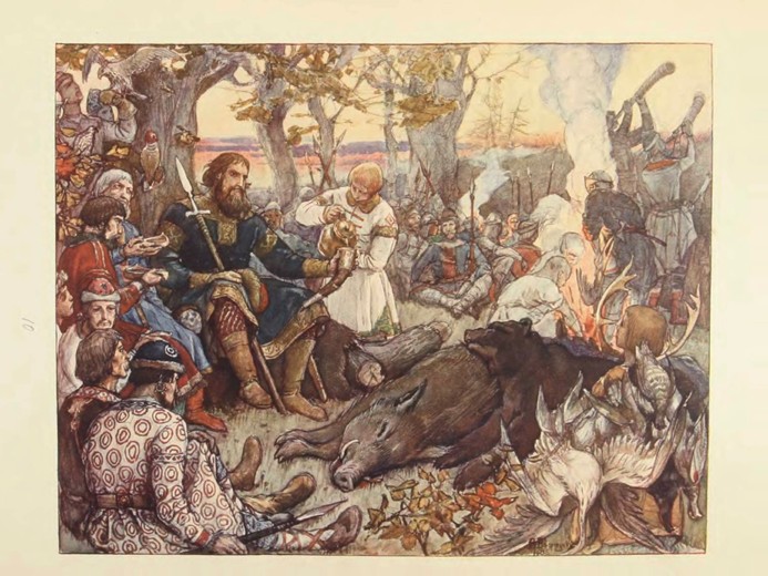 Rest of Grand Prince Vladimir II Monomakh on the Hunt. (The Imperial Hunt in Russia by N. Kutepov) od Viktor Michailowitsch Wasnezow