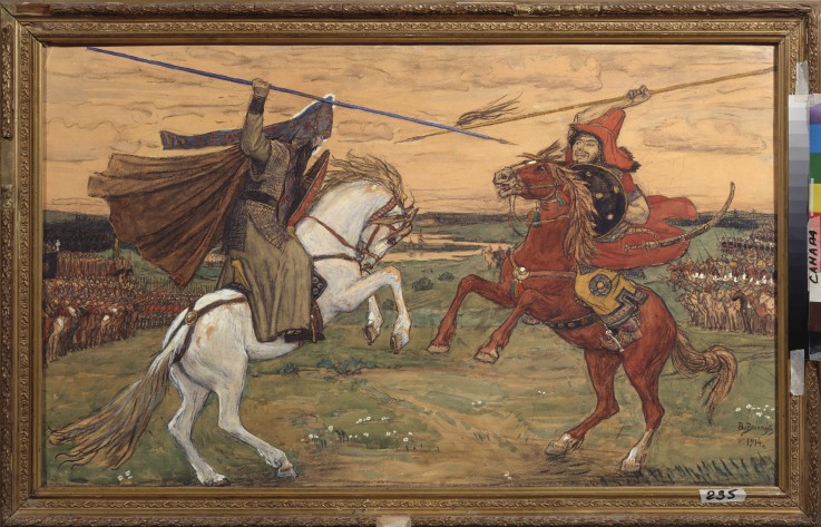 Single combat of Peresvet and Temir-murza on the Kulikovo Field in 1380 od Viktor Michailowitsch Wasnezow