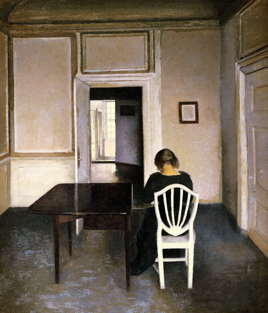 Interieur mit Frau auf einem weißen Stuhl. od Vilhelm Hammershoi