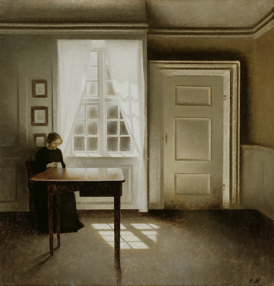 Interior with a sewing woman od Vilhelm Hammershoi