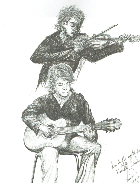 The Guitarist and violinist at 8th day cafe Manchester od Vincent Alexander Booth
