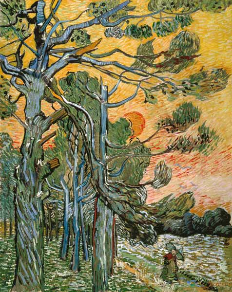 Pines with setting sun and female figure od Vincent van Gogh