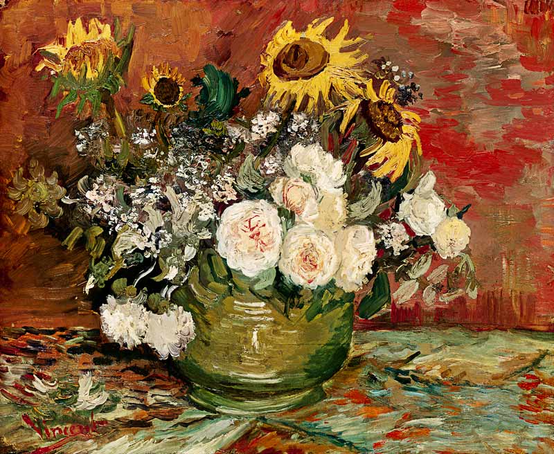 Sunflowers, Roses and other Flowers in a Bowl od Vincent van Gogh