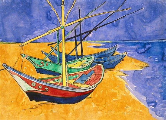 Fishing Boats on the Beach at Saintes-Maries-de-la-Mer (pen & ink with w/c on paper) od Vincent van Gogh