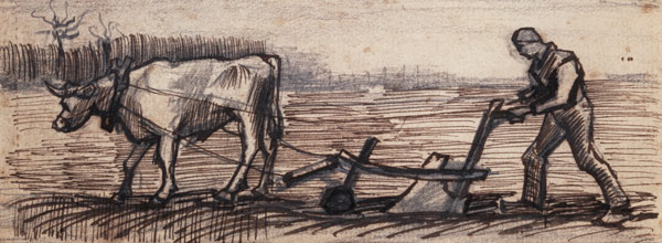 At the Plough, from a Series of Four Drawings Symbolizing the Four Seasons (pencil, pen and brown od Vincent van Gogh