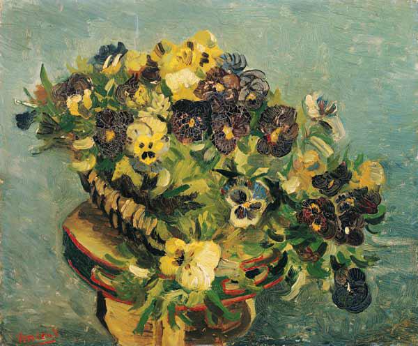 Basket of pansies on a small table