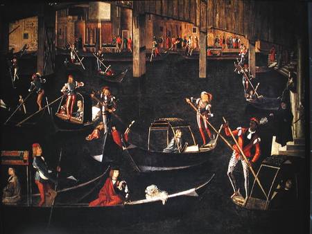 Gondoliers on the Grand Canal, detail from The Miracle of the Relic of the True Cross on the Rialto od Vittore Carpaccio