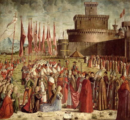 The Pilgrims Meet Pope Cyriac before the Walls of Rome, from the St. Ursula Cycle, 1498 (oil on canv od Vittore Carpaccio