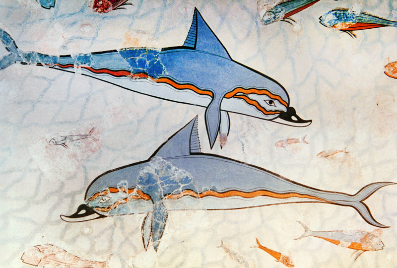 Detalle de dos de los delfines que forman parte del panel marino que decora el megarón. od Vittorio Zecchin