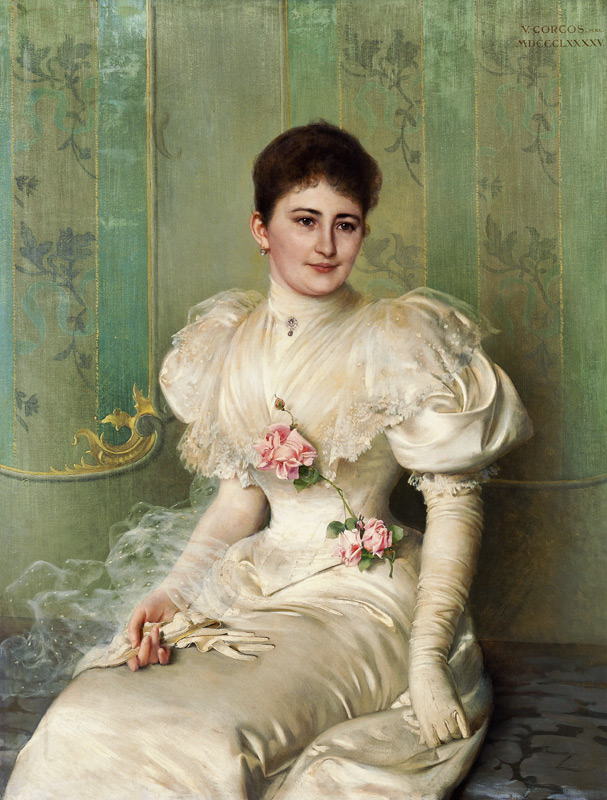 Portrait einer Dame in einem weißen Kleid od Vittorio Matteo Corcos