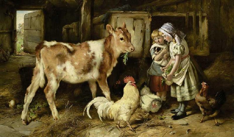 Children feed a calf and chickens od Walter Hunt