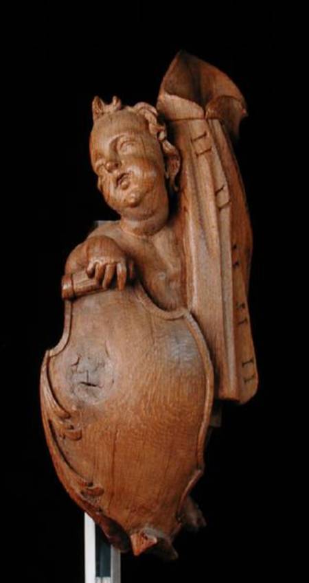 Carved putto with shield and cape od Walter Pompe