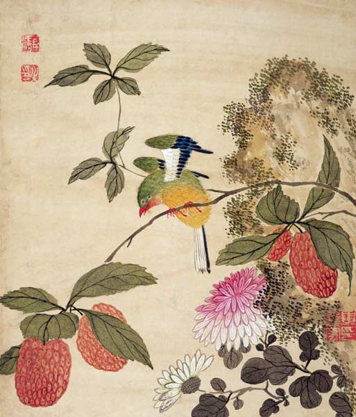 One of a series of paintings of birds and fruit od Wang  Guochen