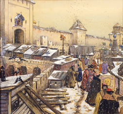 Buchläden auf der Spaskij-Brücke in Moskau im 17. Jahrhundert. od Apolinarij Wasnezow