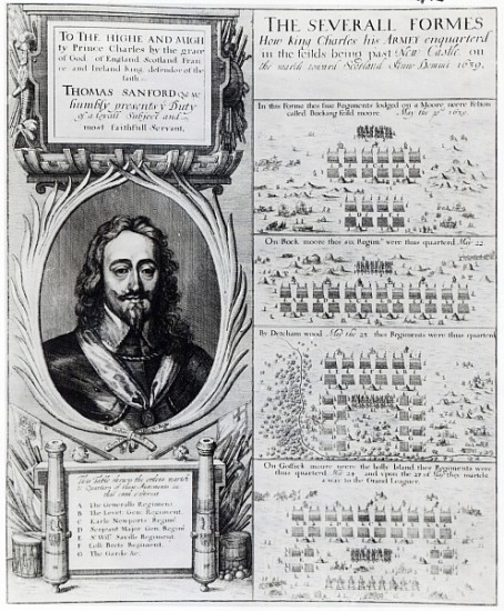 Portrait of King Charles I with diagrams showing the formation of his troops during the Bishops'' Wa od Wenceslaus Hollar