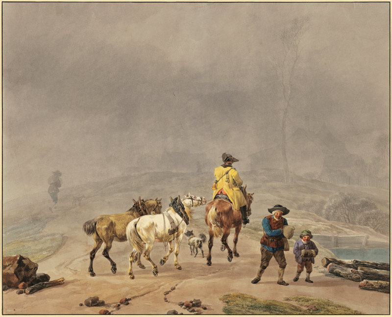 Reitender Postillion mit zwei Handpferden in winterlicher Landschaft od Wilhelm Alexander Wolfgang von Kobell