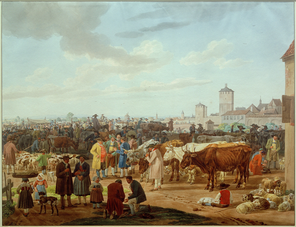 Viehmarkt am Rande einer Stadt od Wilhelm Alexander Wolfgang von Kobell