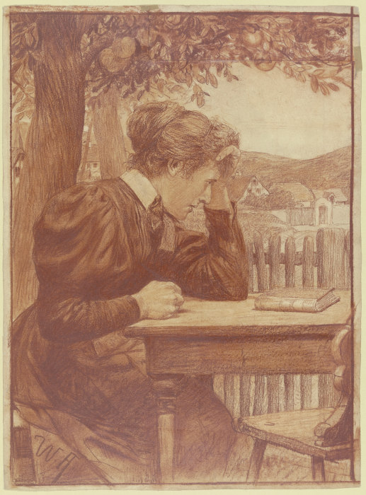 An einem Gartentisch sitzende Frau od Wilhelm Altheim