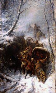 Cossacks with horse-drawn sleighs in a narrow pass