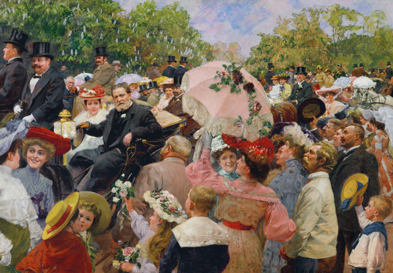 Karl Lueger, Bürgermeister von Wien, in der Kutsche beim Blumenkorso im Prater. od Wilhelm Gause