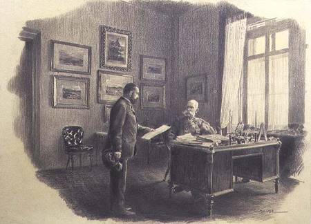 Emperor Franz Joseph I of Austria (1830-1916) at his writing desk at Jagdrock (pencil) od Wilhelm Gause