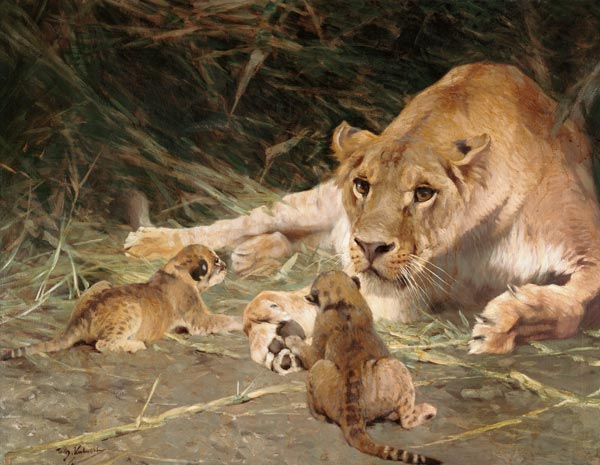 A Lioness and Her Cubs od Wilhelm Kuhnert