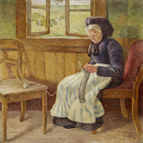 Strickende weißhaarige Frau od Wilhelm Morgner