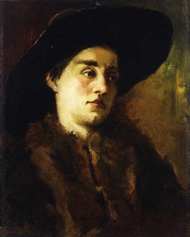 Bildnis einer Dame mit Pelzkragen und schwarzem Hut. od Wilhelm Trübner