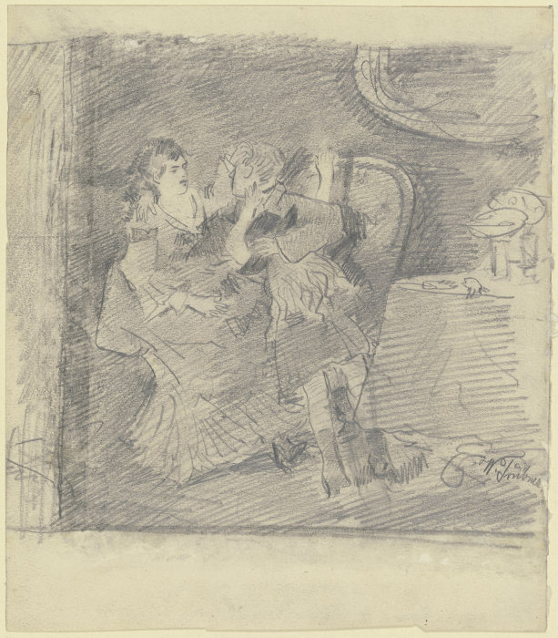 Dame und Herr mit Kind auf einem Sofa, daneben Tisch mit Glas und Fruchtschale od Wilhelm Trübner