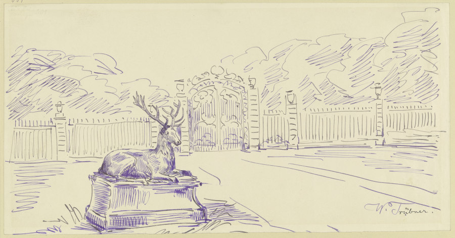Parkeingang mit dem Bildwerk eines liegenden Hirschen od Wilhelm Trübner