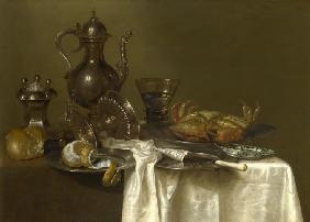 Still Life: Pewter, Silver Vessels and a Crab