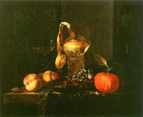 Still life with a silbener bowl, glasses and fruits
