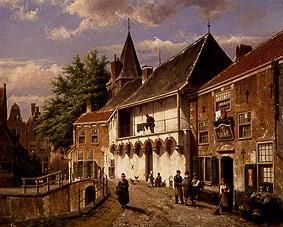 Strassen scene with pub at a bridge od Willem Koekkoek