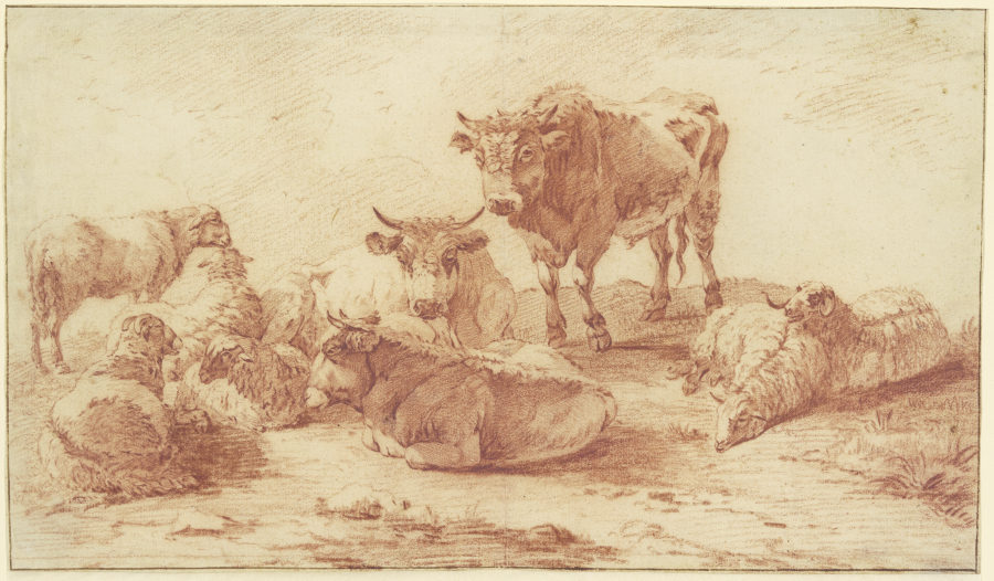 Gruppe von drei Ochsen und sechs Schafen od Willem Romeyn