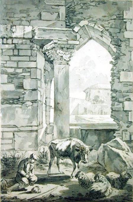 Shepherd with a cow and sheep in a ruin od Willem Romeyn