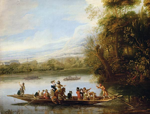 A landscape with a crowded ferry crossing the water in the foreground od Willem Schellinks