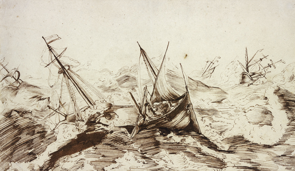 Seesturm, vier Schiffe in Gefahr od Willem van de Velde d. J.