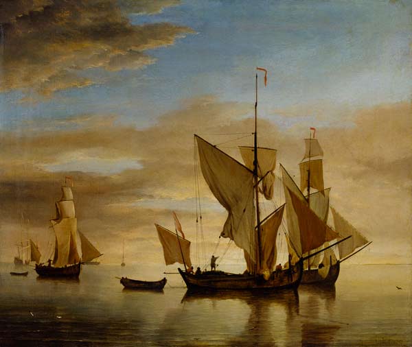 Fishing boats in the evening at calm od Willem van de Velde d.J.