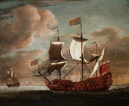 The British man-o'-war `The Royal James' flying the royal ensign off a coast od Willem van de Velde d.J.