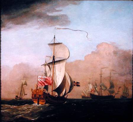 The Second Duke of Albemarle's Ketch with a yacht to the left and three warships in the distance to od Willem van de Velde d.J.