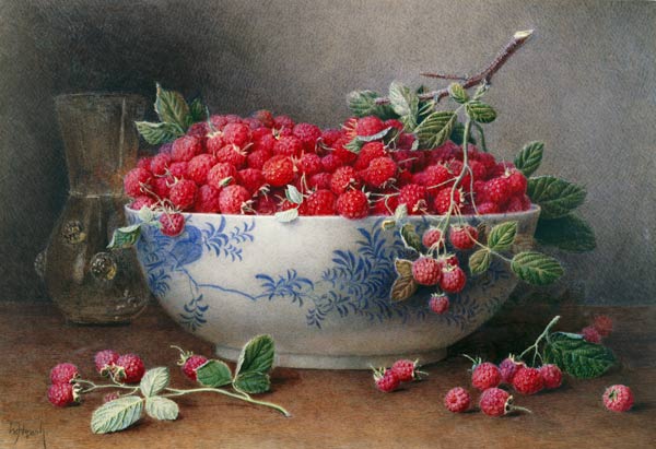 Still Life of Raspberries in a Blue and White Bowl od William B. Hough