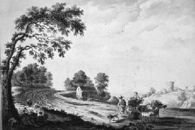 Italian Landscape with Peasants and Animals on a Road