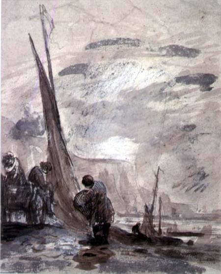 Figures with Cart and Boats on the shore, near cliffs od William Collins