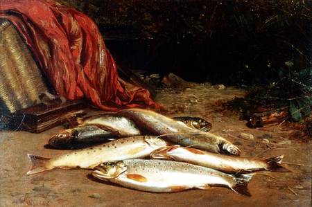 Brown trout on a river bank od William Geddes