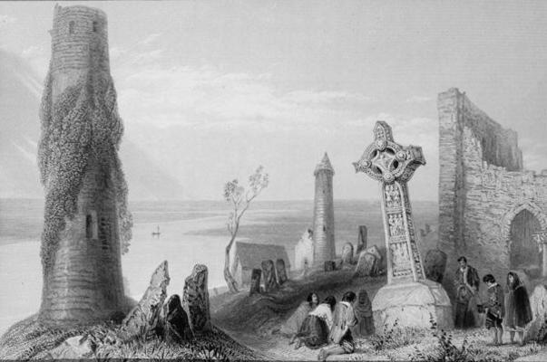 The Ancient Cross and Round Tower at Clonmacnois, County Offaly, Ireland, from 'Scenery and Antiquit od William Henry Bartlett