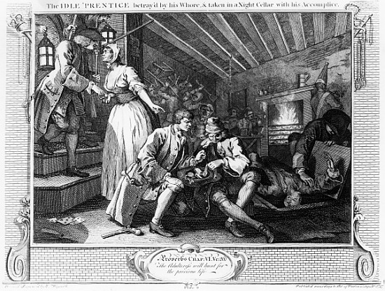 The Idle ''Prentice Betrayed by a Prostitute, plate IX of ''Industry and Idleness'' od William Hogarth