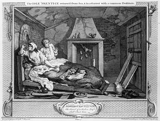 The Idle ''Prentice Returned from Sea, and in a Garret with a common Prostitute'', plate VII of ''In od William Hogarth